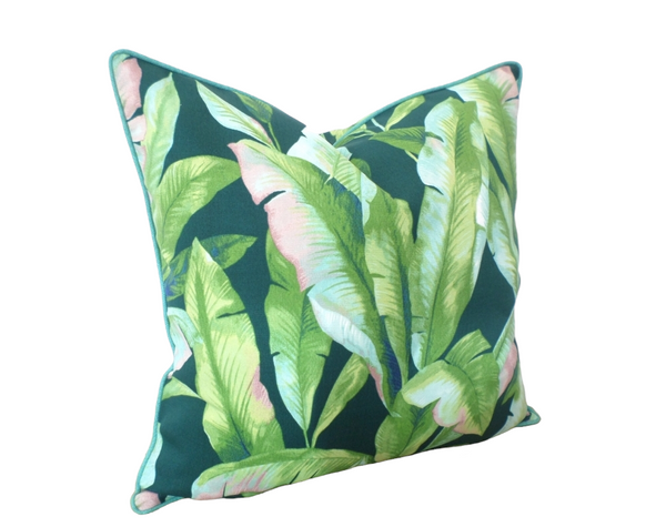 Banana Palm Print Throw Pillow Green  navy and aqua