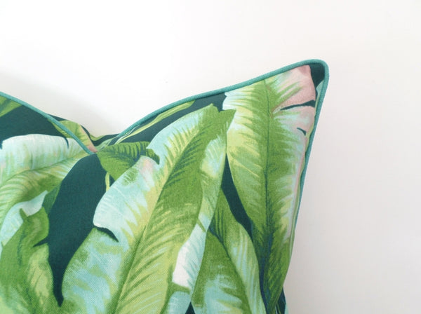 Banana Palm Print Throw Pillow Green  navy and aqua